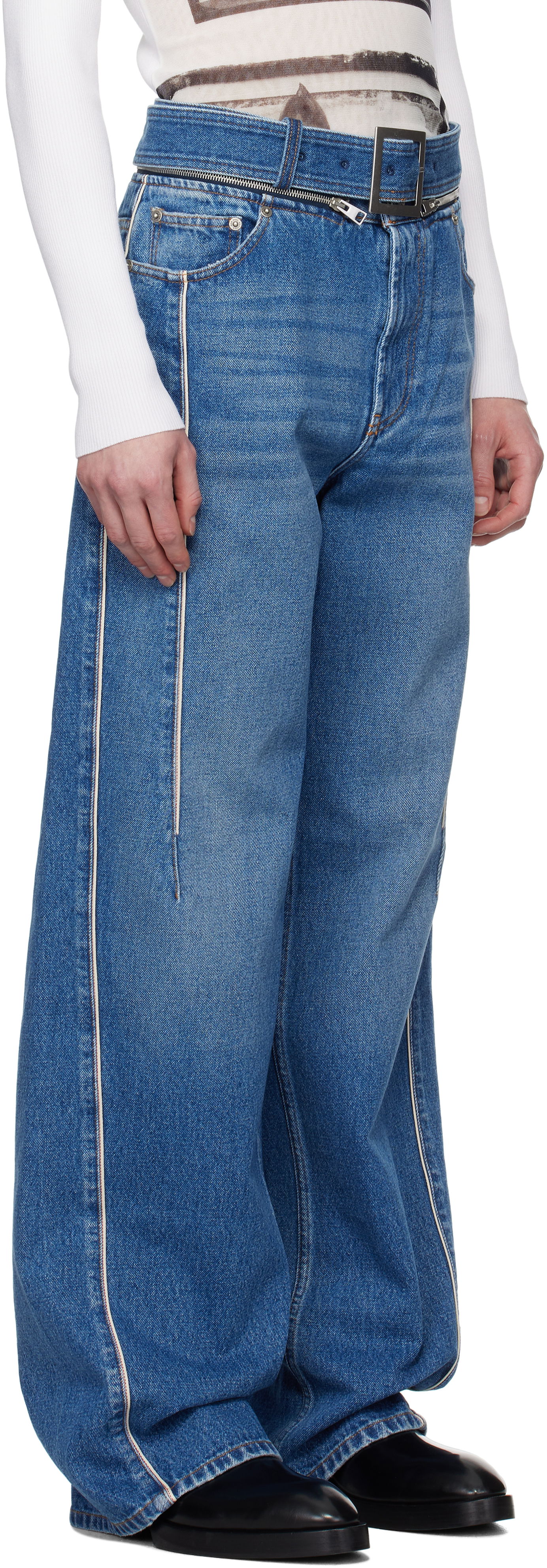 Kavbojke Jean Paul Gaultier Jean Paul Gaultier 'The Belted Denim' Wide-Leg Jeans Modra | 25/33-F-JE164-D013-57, 1