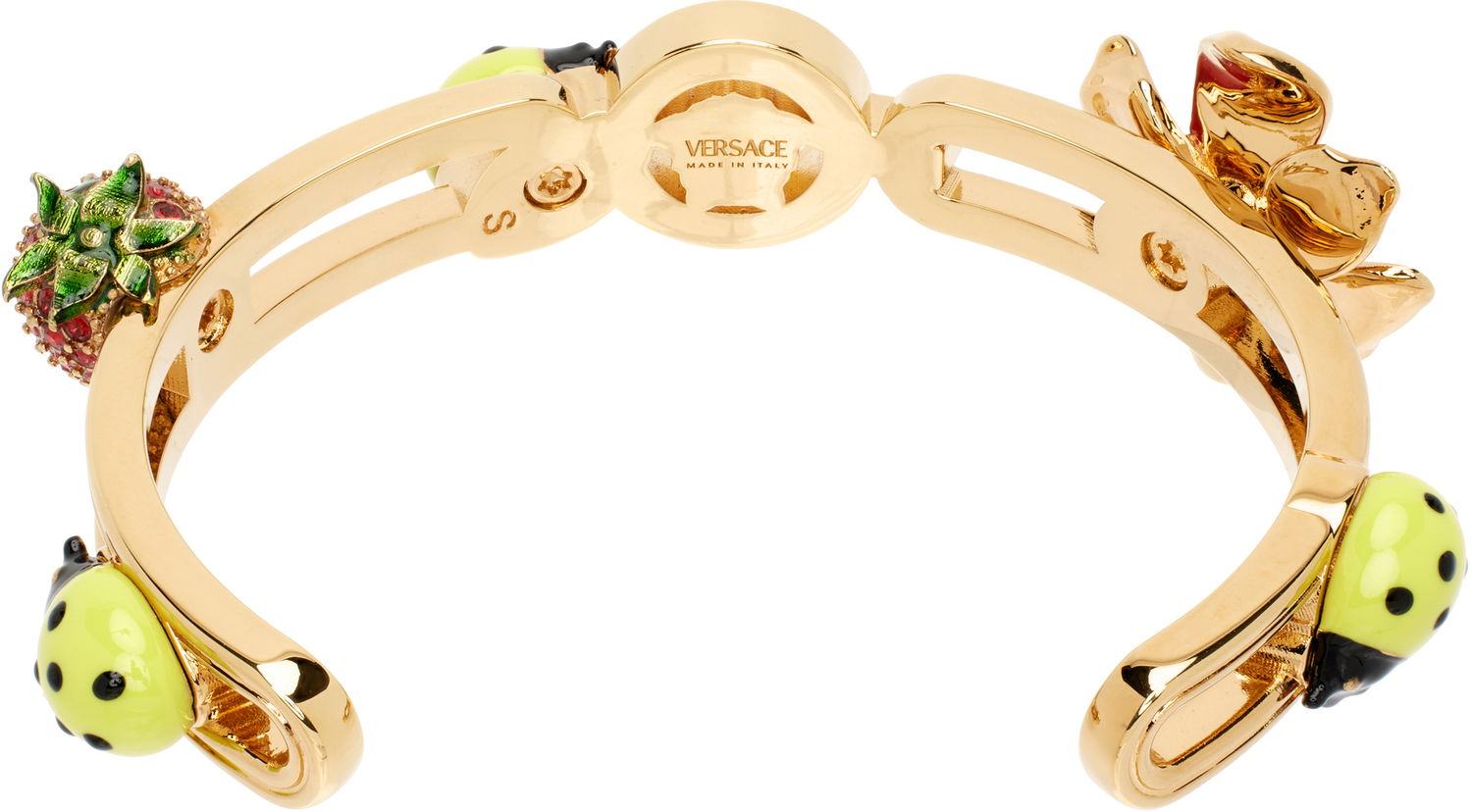 Zapestnica Versace Versace Enameled Cuff Bracelet with Crystal Strawberry, Ladybug, and Flower Charms Večbarvna | 1019024_1A04195_4JHG0, 1