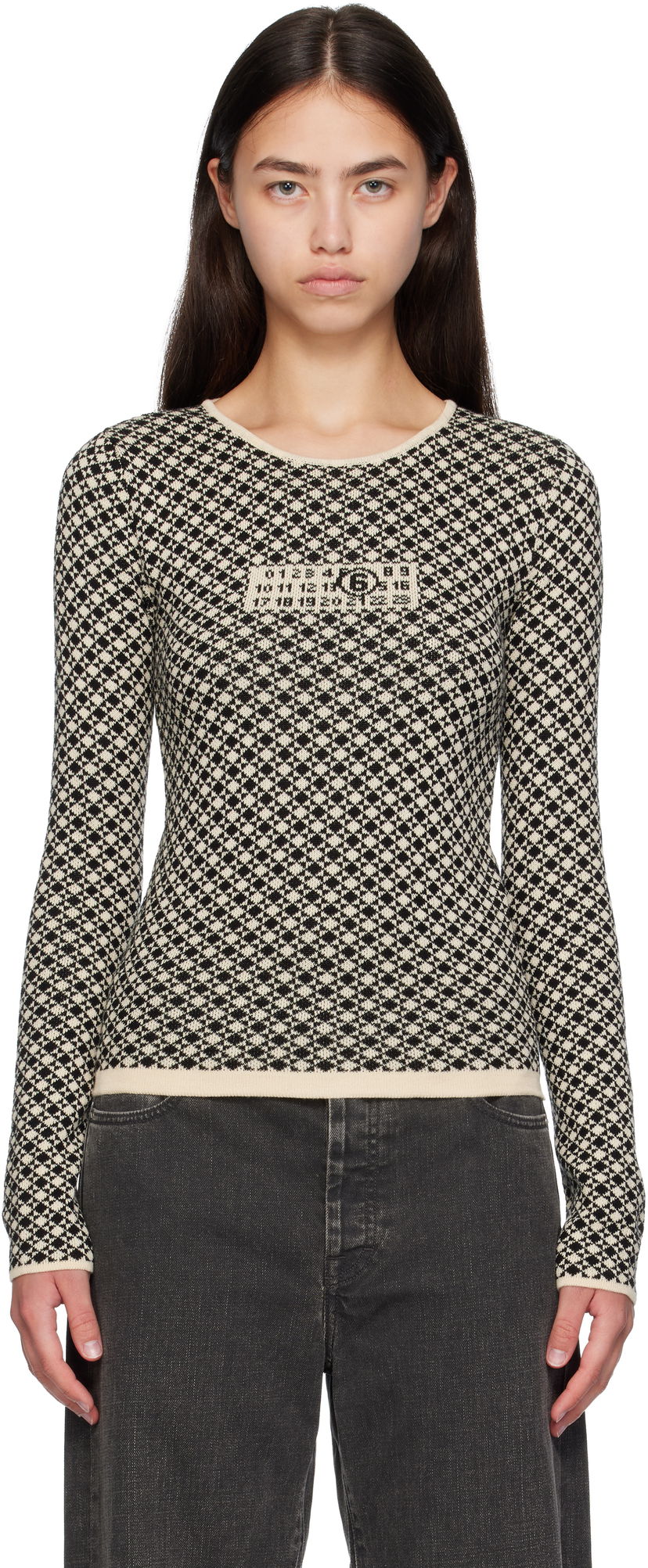 Pleteni pulover Maison Margiela MM6 Maison Margiela Allover Check Knit Sweater Bež | S52HL0050 M13137