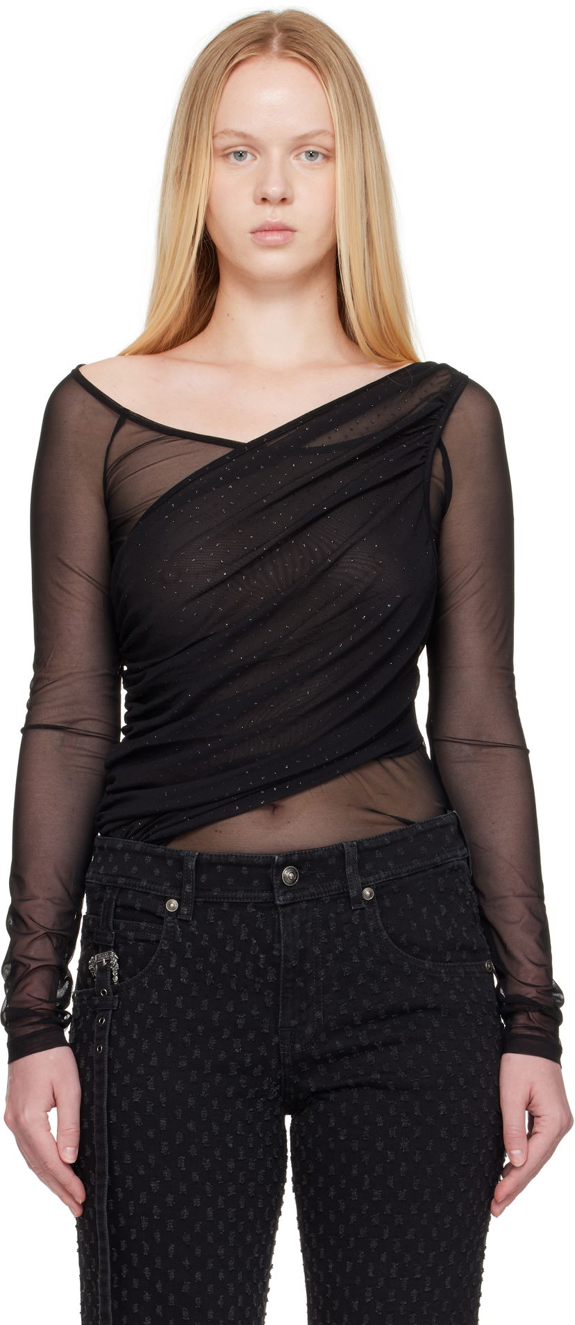 Majica Versace Versace Jeans Couture 'STR' Tulle Glitter Long Sleeve Top Črna | E78HAH600_EJ0192