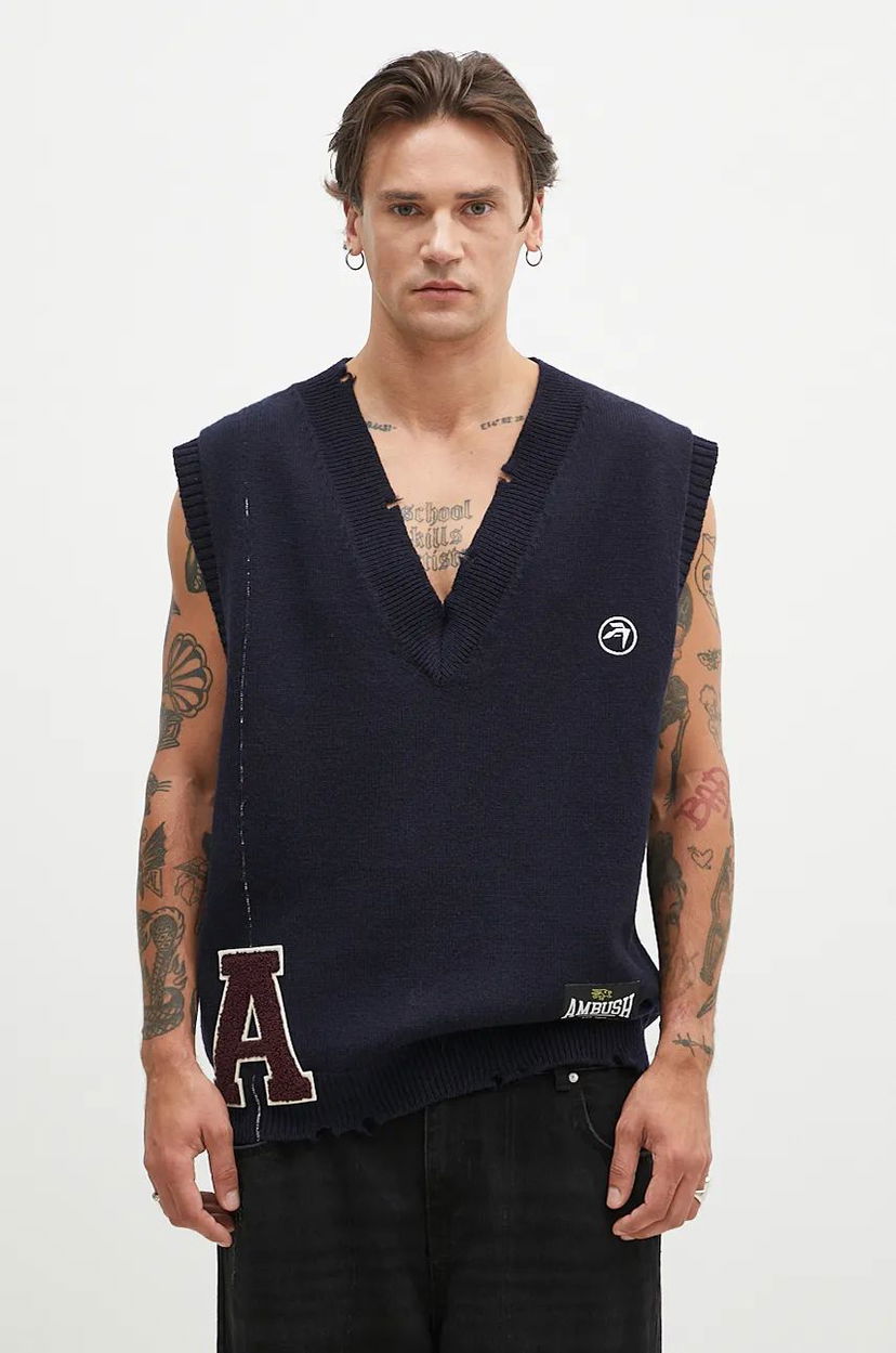 Telovnik Ambush Repair Stitch V Neck Vest Modra | BMHZ002F24KNI0014628