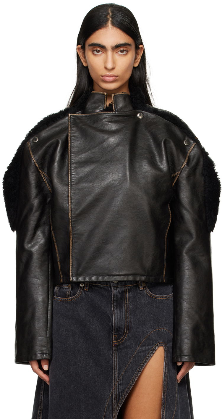 Jakna Y/PROJECT Brown Collapsed Shoulder Faux-Leather Jacket Črna | 109JA001