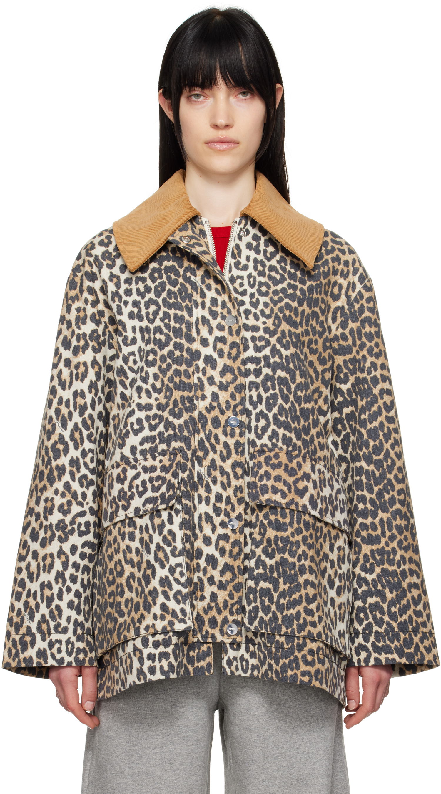 Plašči GANNI Ganni Leopard Print Canvas Midi Jacket Bež | W0391, 0