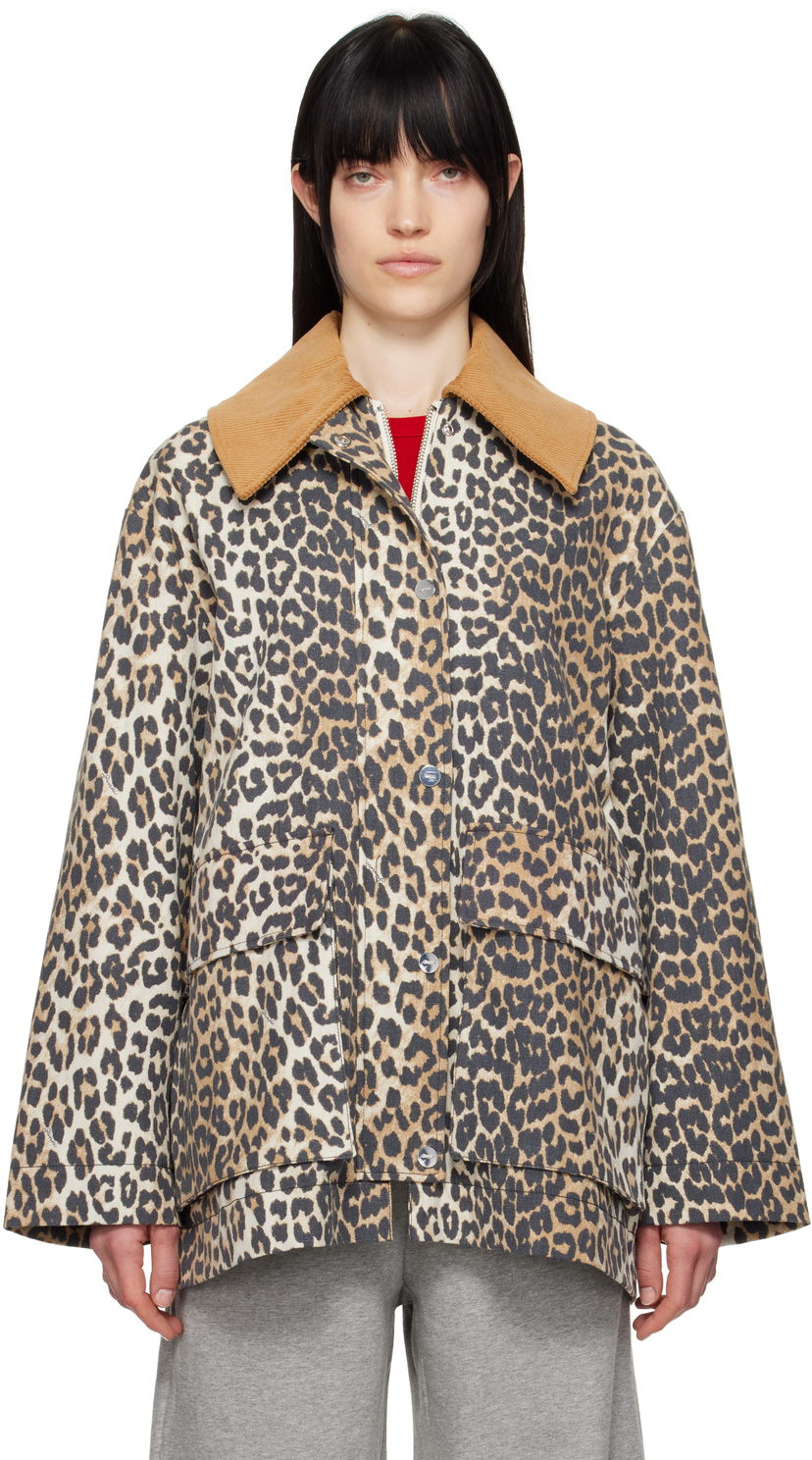 Plašči GANNI Ganni Leopard Print Canvas Midi Jacket Bež | W0391