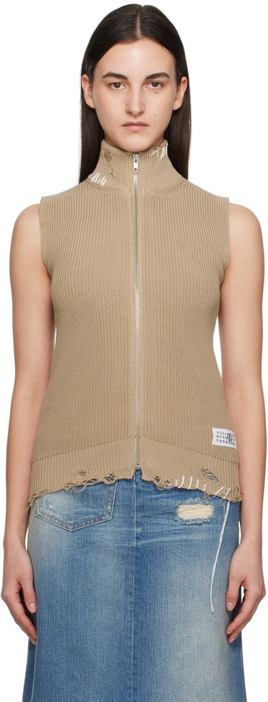 Pleteni pulover Maison Margiela MM6 Maison Margiela Eaten Knit Zip-Up Vest Bež | S52FB0095 M13089, 0