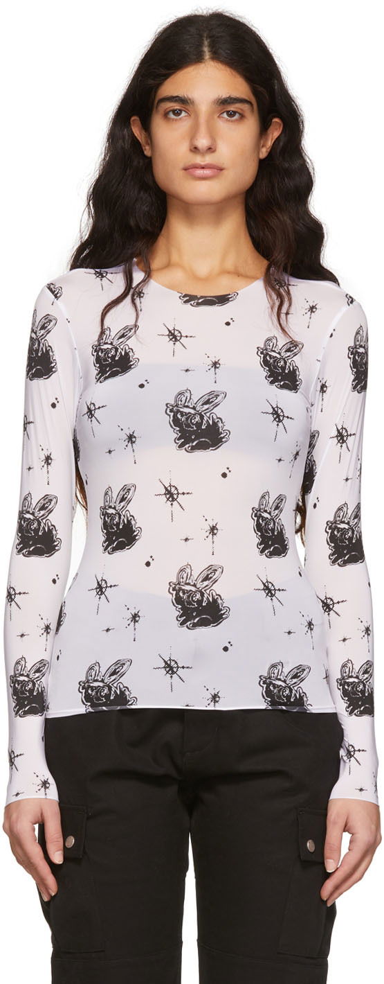 Majica We11done We11done Semi-Sheer Long Sleeve T-Shirt with Bunny Print Bela | WD-TT1-22-577-W-WH