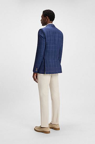 Jakna BOSS BOSS Slim-Fit Checked Linen-Blend Jacket Modra | 50540502, 1
