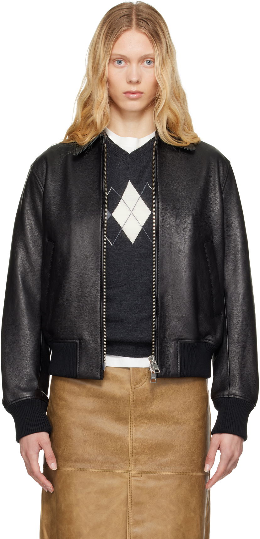 Bomber jakna AMI AMI Paris Zipped Leather Jacket Črna | UJK078.LH0044