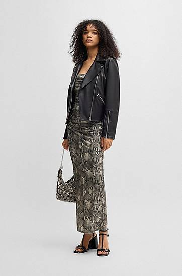 Obleke BOSS Snakeskin Print Ruched Mesh Corset Midi Dress Siva | 50540915, 1