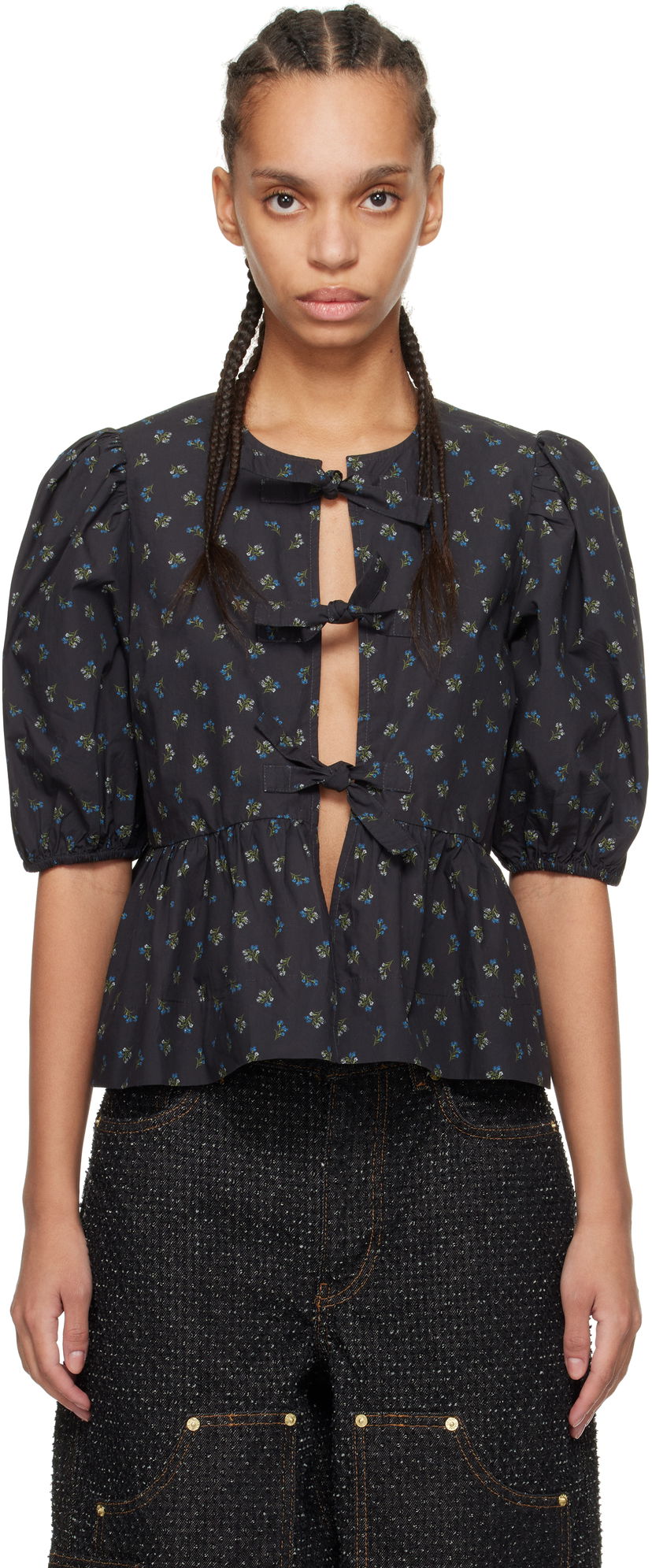 Srajce GANNI GANNI Printed Cotton Peplum Blouse Črna | W0152