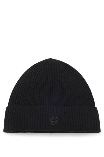 Beanie BOSS Wool-cashmere ribbed beanie hat with Double B monogram Črna | 50557673