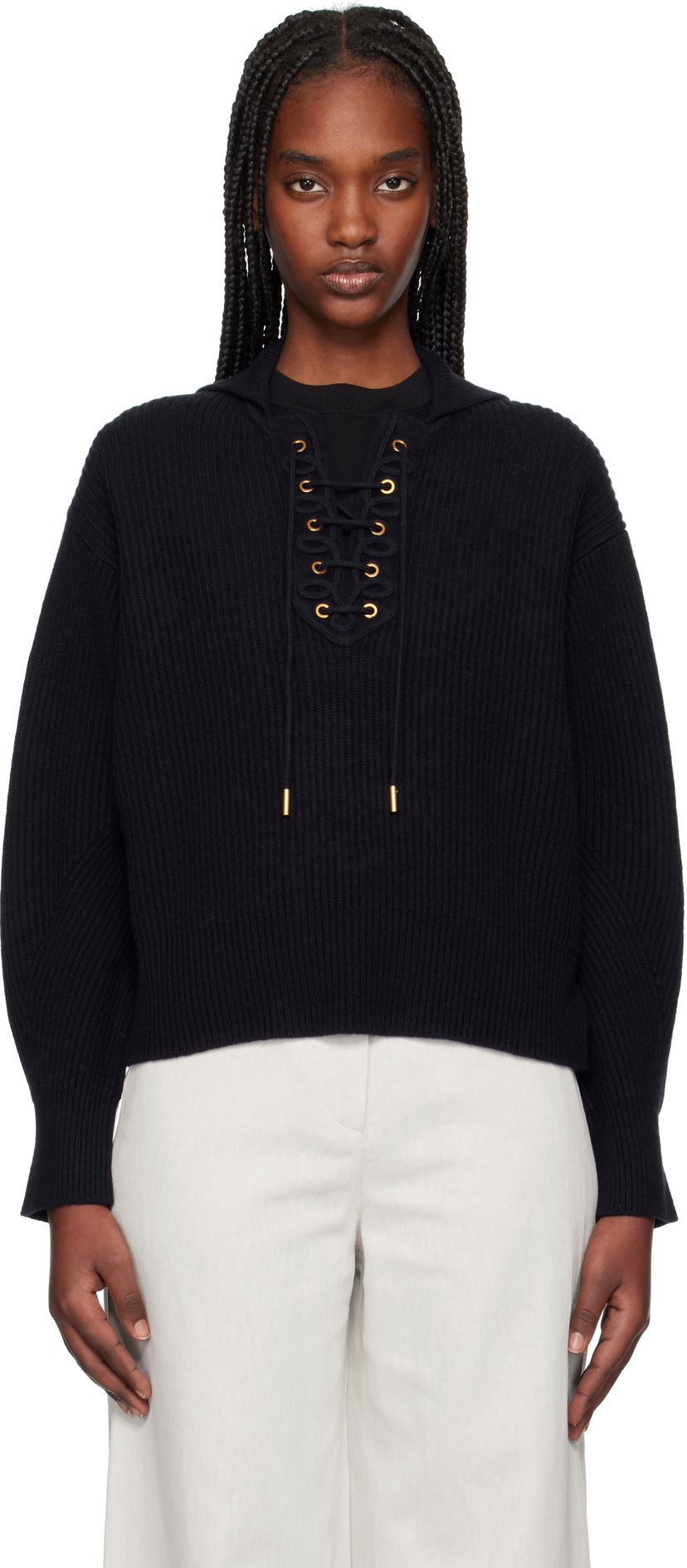 Pleteni pulover Max Mara Max Mara Eccelso Lace-Up Ribbed Knit Hoodie Mornarica | 2511361161600