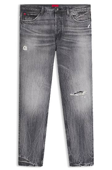 Kavbojke BOSS Tapered-Fit Distressed Denim Jeans Siva | 50542703