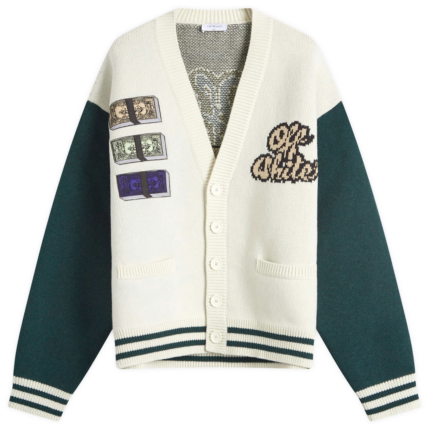 Pleteni pulover Off-White Crystal Cash Varsity Cardigan Bela | OMHB019S25KNI0030B84, 1