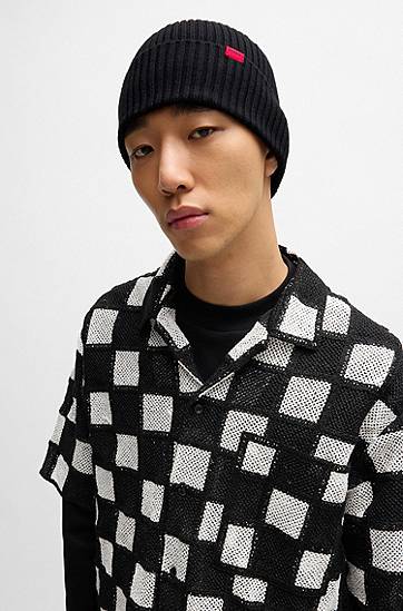 Beanie BOSS Virgin-Wool Ribbed Beanie with Logo Label Črna | 50524570, 1