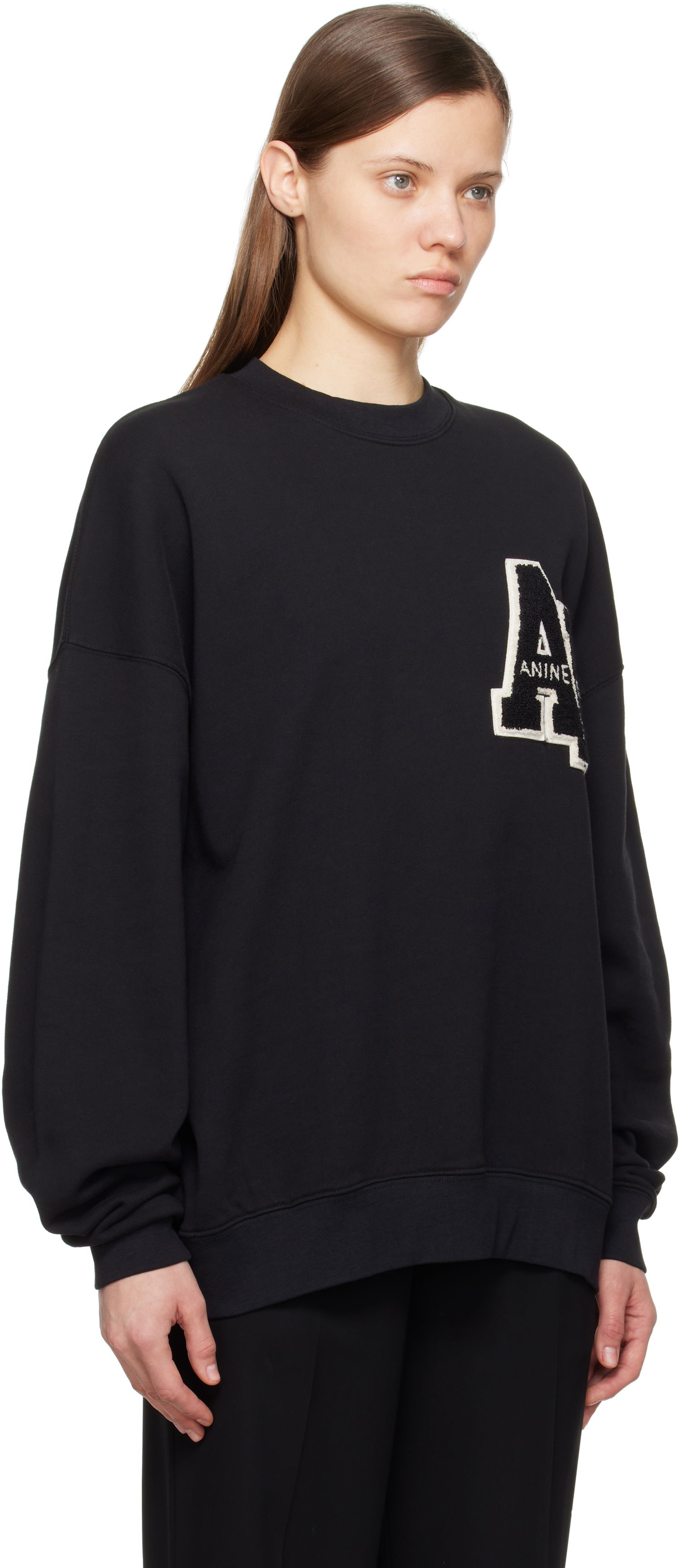 Pleteni pulover Anine Bing Anine Bing Miles Oversized Letterman Sweatshirt Črna | A-08-10074-BLK1, 1