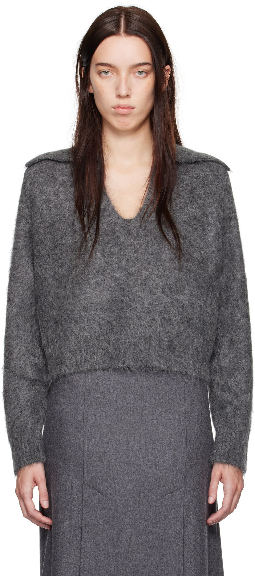 Pleteni pulover Loulou de Saison Loulou de Saison Ambrose Cropped Collared Sweater Siva | AMBROSE
