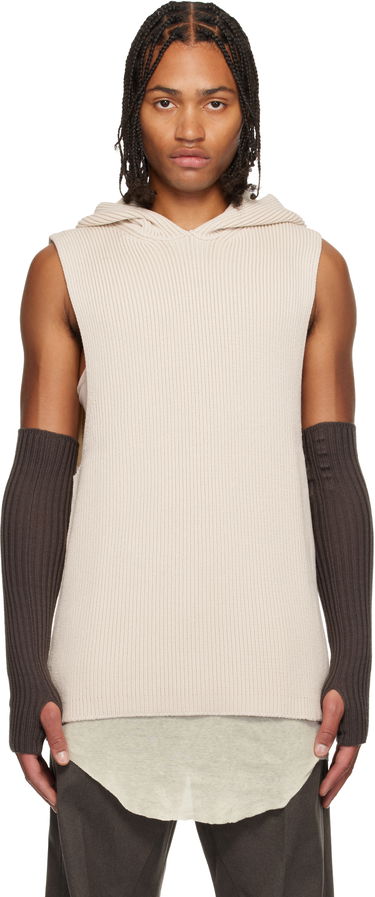 Pulover Rick Owens Rick Owens Ribbed Sleeveless Hoodie with Arm Sleeves Bež | RR02E1680 KWVH, 0