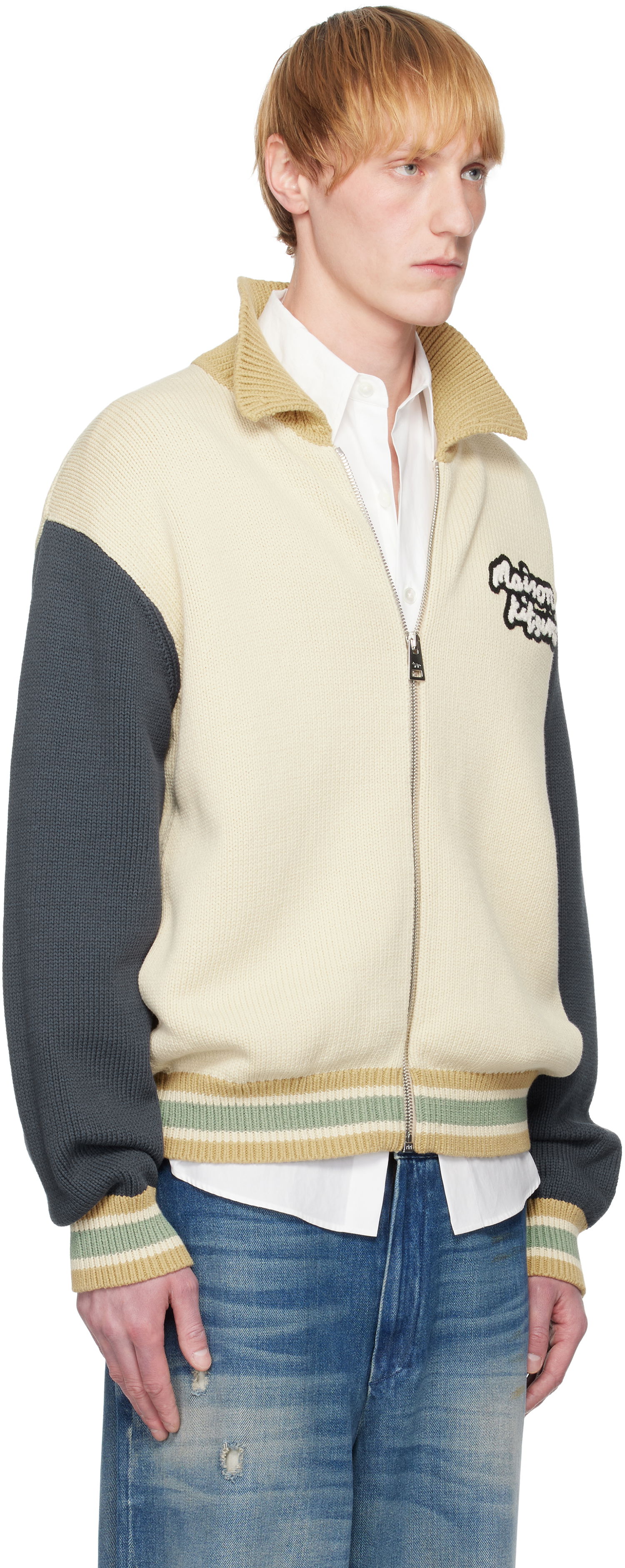 Pleteni pulover MAISON KITSUNÉ Maison Kitsuné Knitted College Bomber Jacket Bež | OM02131KT1139, 1
