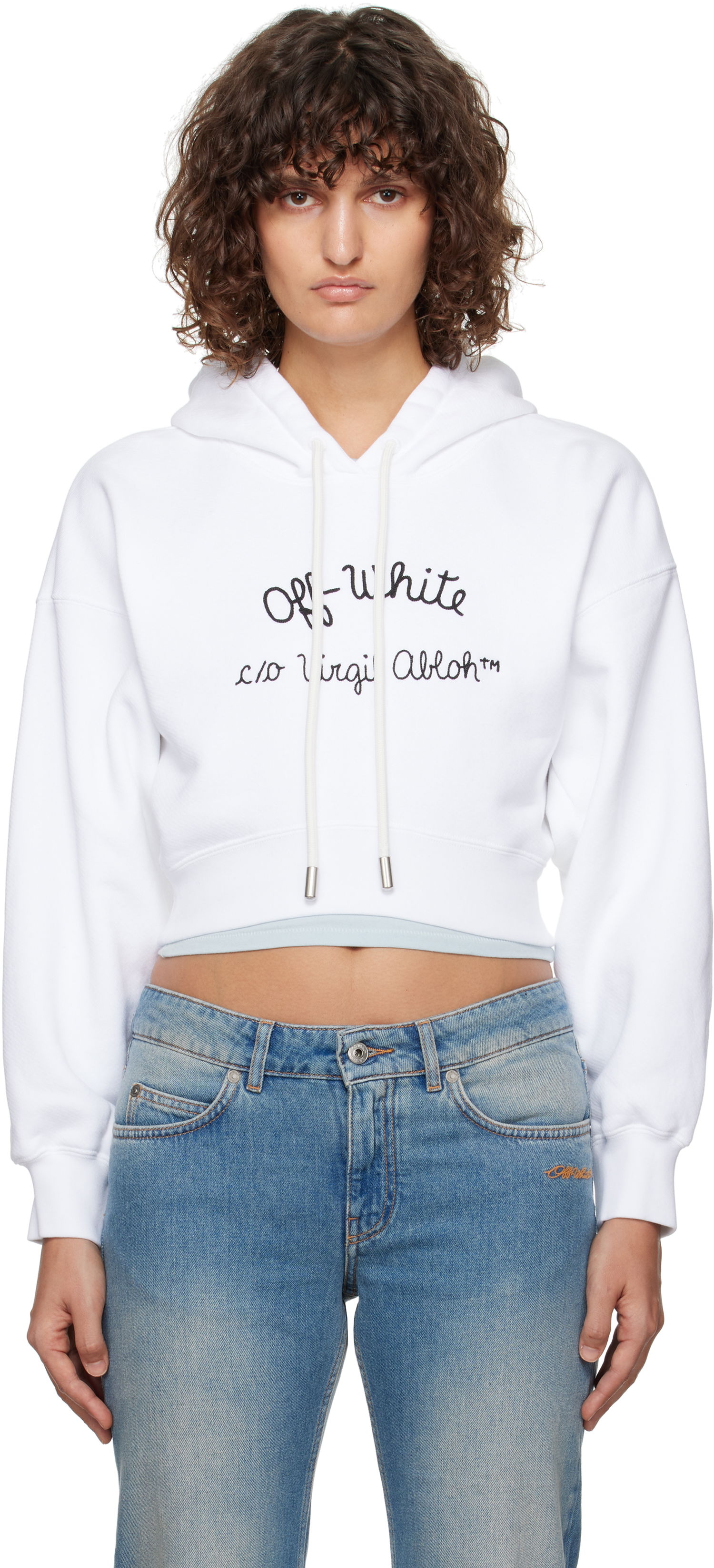 Pulover Off-White Embroidered Script Logo Cropped Hoodie Bela | OWBB056F24FLE0030110, 0