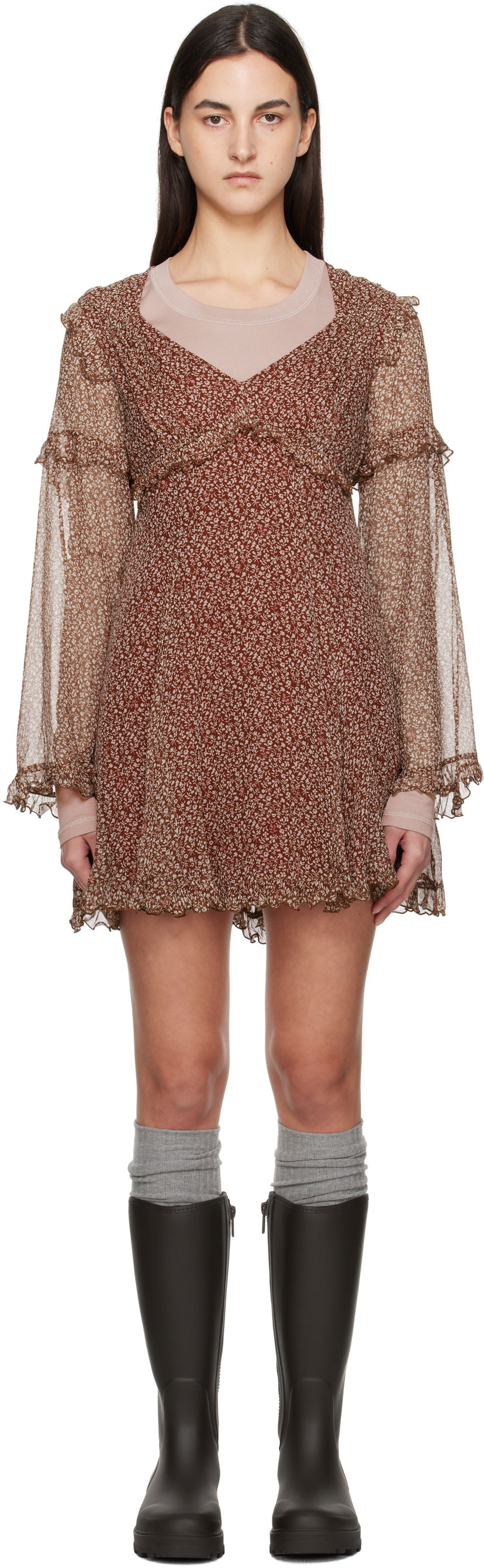 Obleke Max Mara Weekend Floral Print Ruffle Mini Dress Rjava | 2425226013600