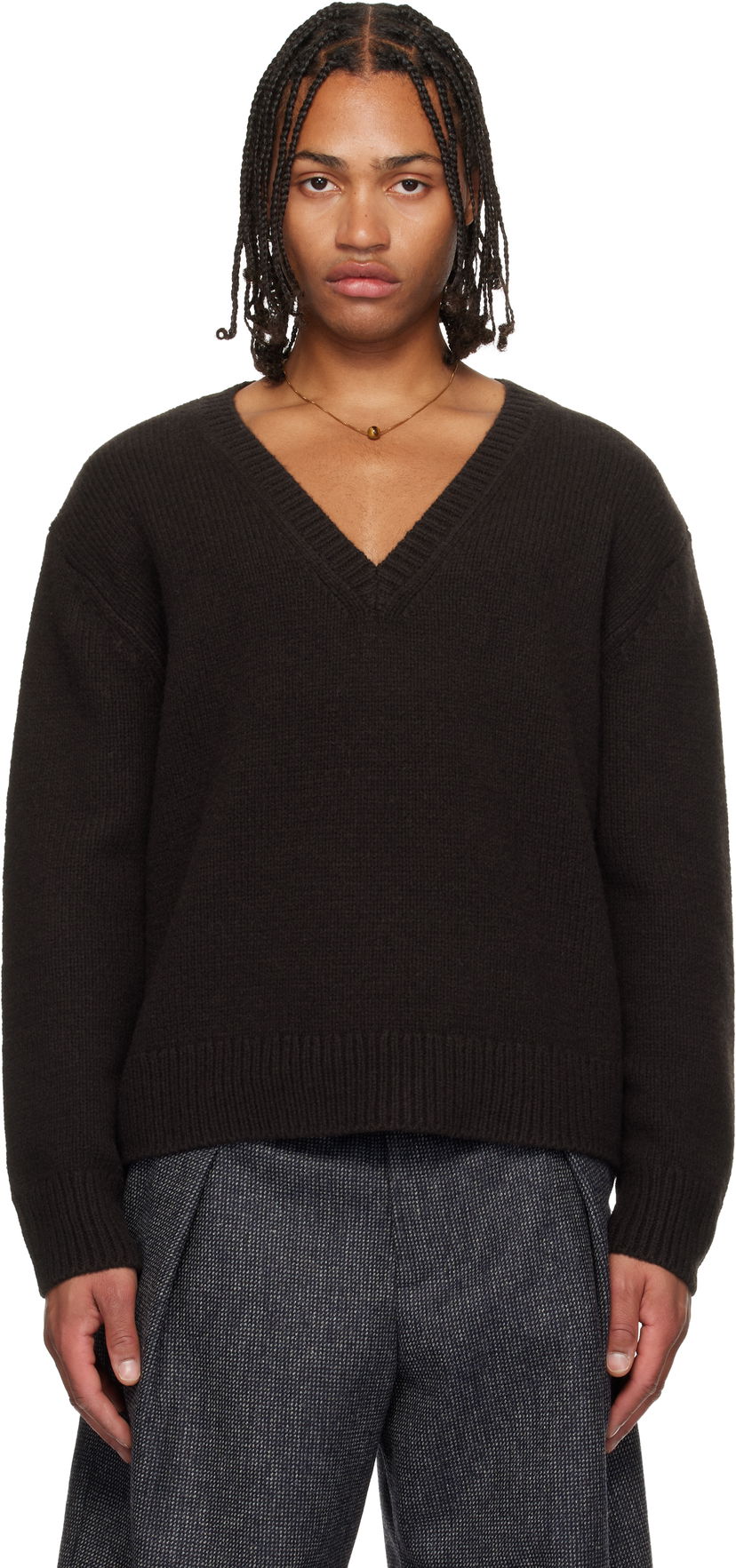 Pleteni pulover Dries Van Noten V-Neck Merino Wool Sweater Rjava | 252-021246-2710