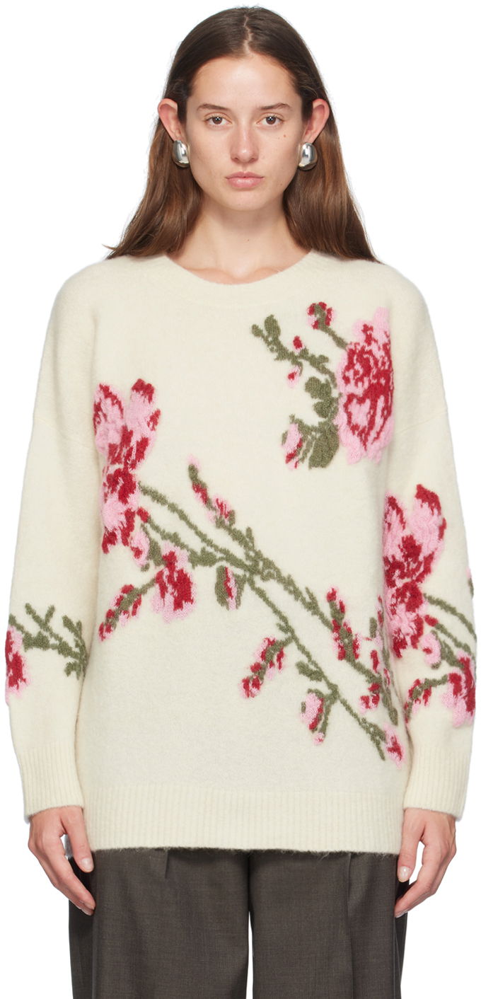 Pleteni pulover Blumarine Blumarine Jacquard Rose Crewneck Sweater Bela | A422M490A