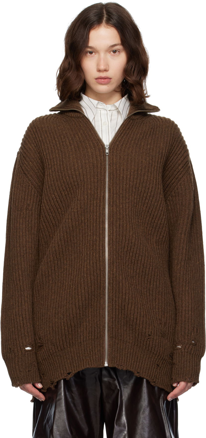 Pleteni pulover Maison Margiela MM6 Maison Margiela Ribbed Knit Zip-Up Sweater Rjava | S52AM0322 M13138