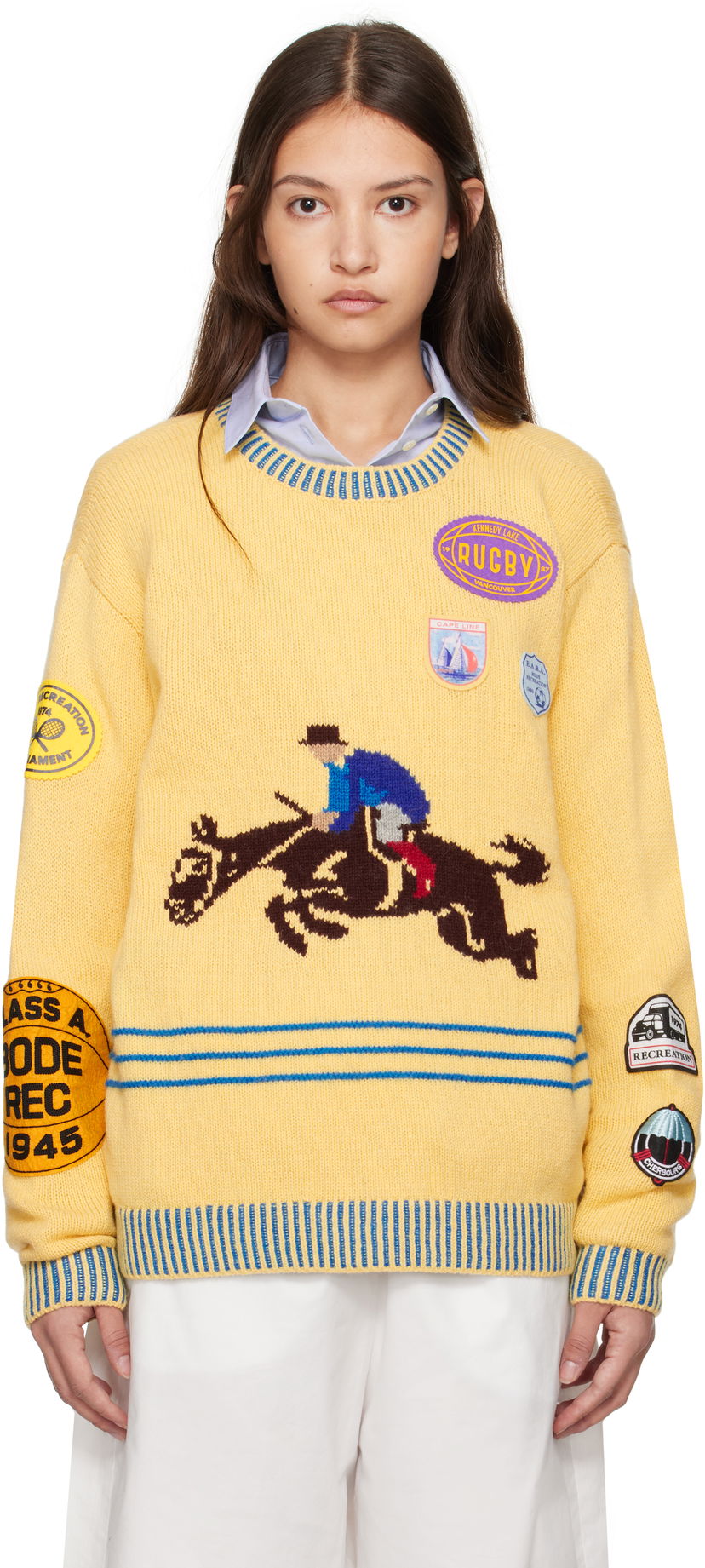 Pleteni pulover Bode Jockey Graphic Knit Sweater Rumena | MRF24KT029