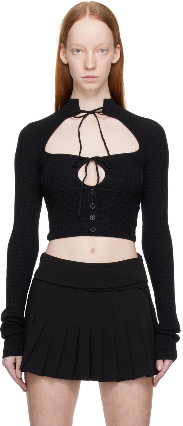 Krop-top GUIZIO Guizio Long Sleeve Tie-Front Cropped Top Črna | DGF21B909