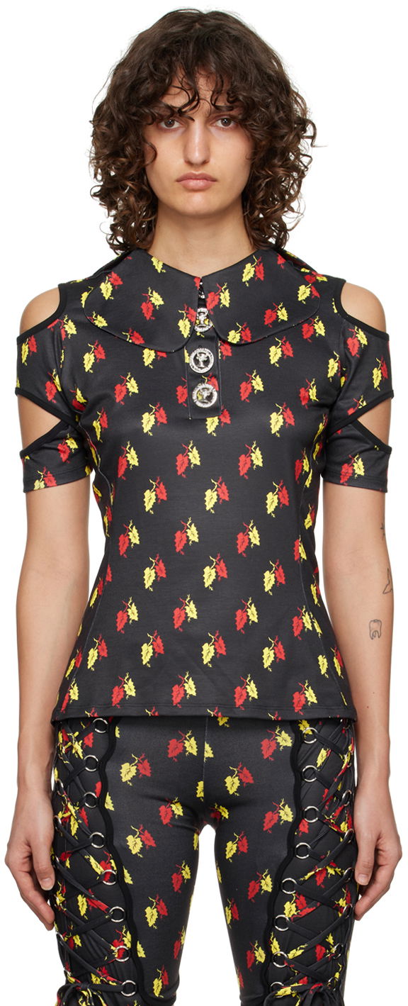 Polo majica Chopova Lowena Leaf Print Cut-Out Polo Črna | 2162