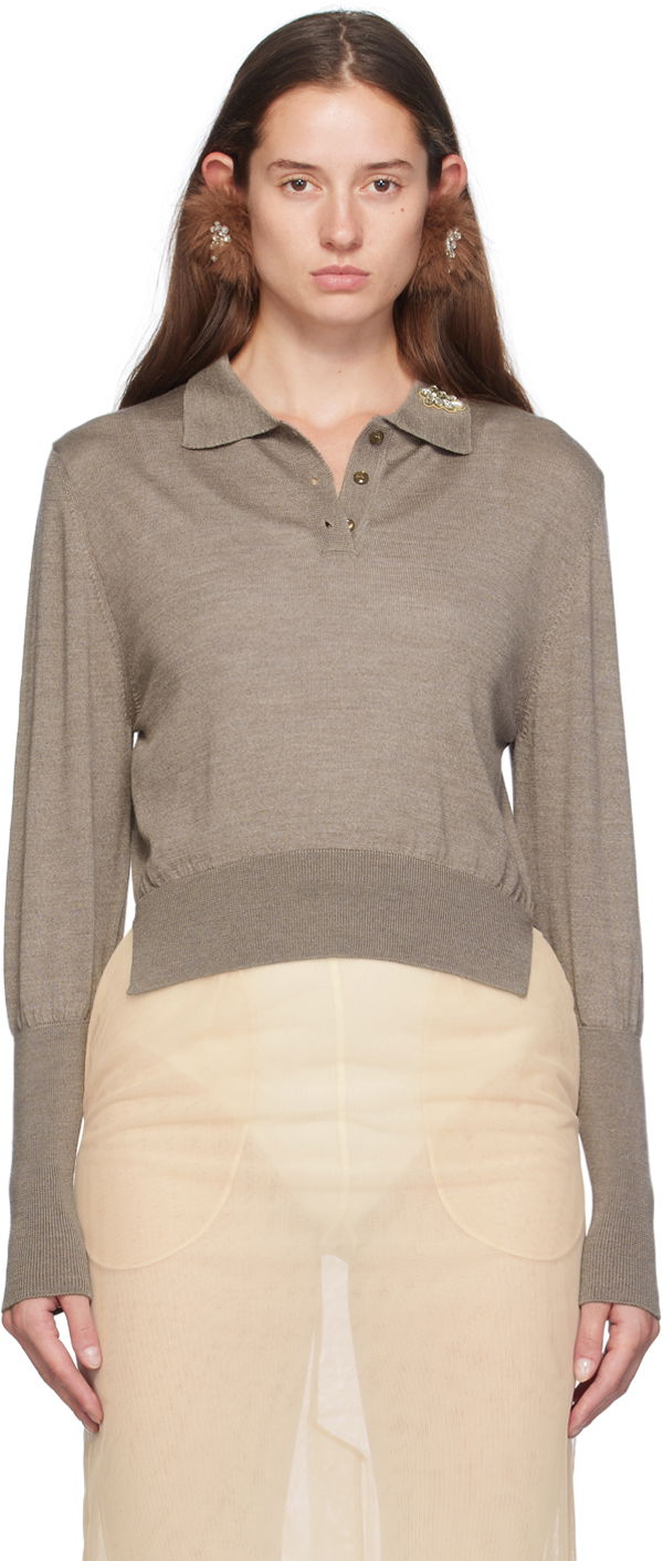 Polo majica Simone Rocha Simone Rocha Merino Silk Knit Long Sleeve Polo Rjava | KMK4B 0647