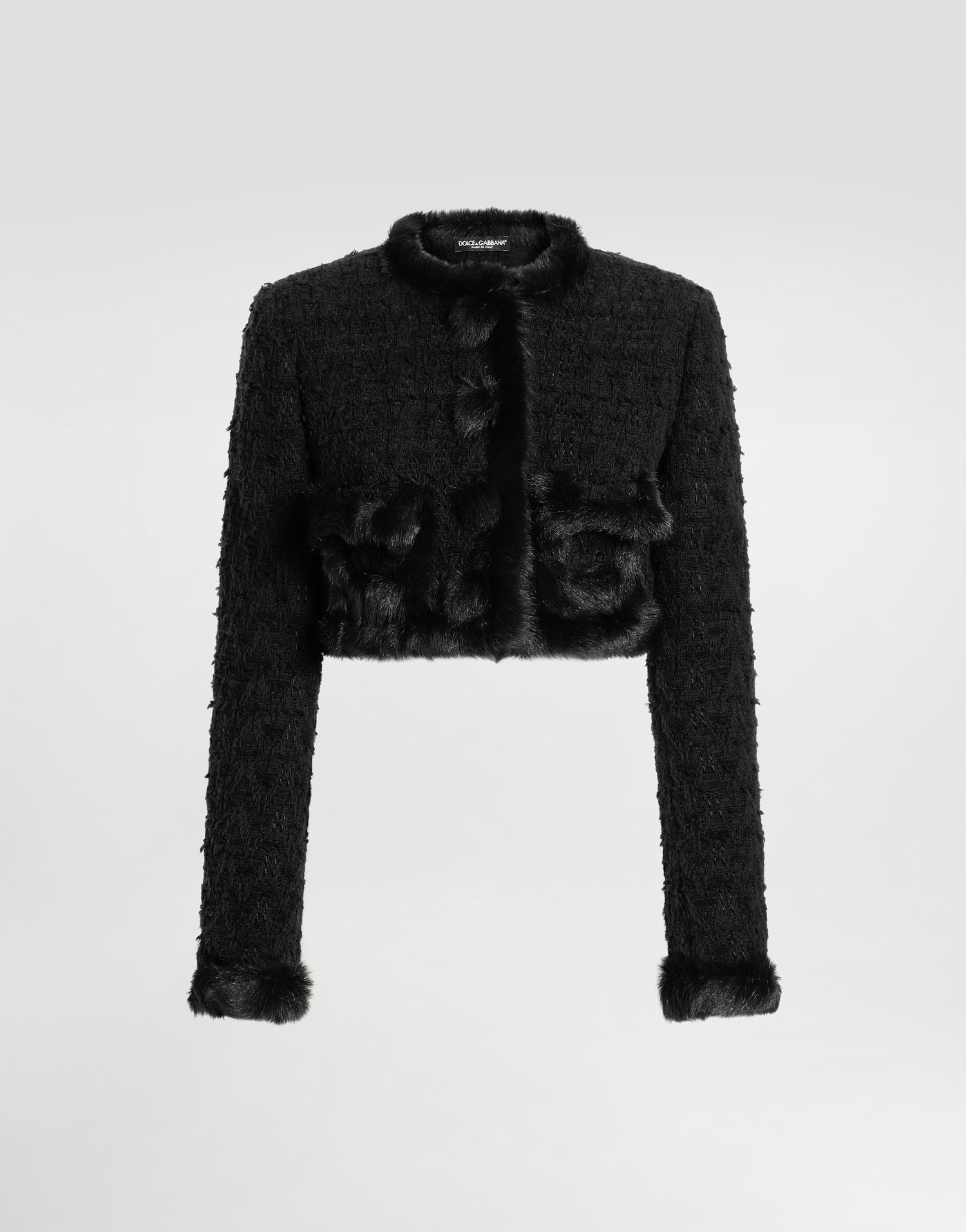 Jakna Dolce & Gabbana Dolce & Gabbana Single-Breasted Cropped Bouclé Jacket with Fur Trim Črna | F27HWZFUTBIN0000, 0