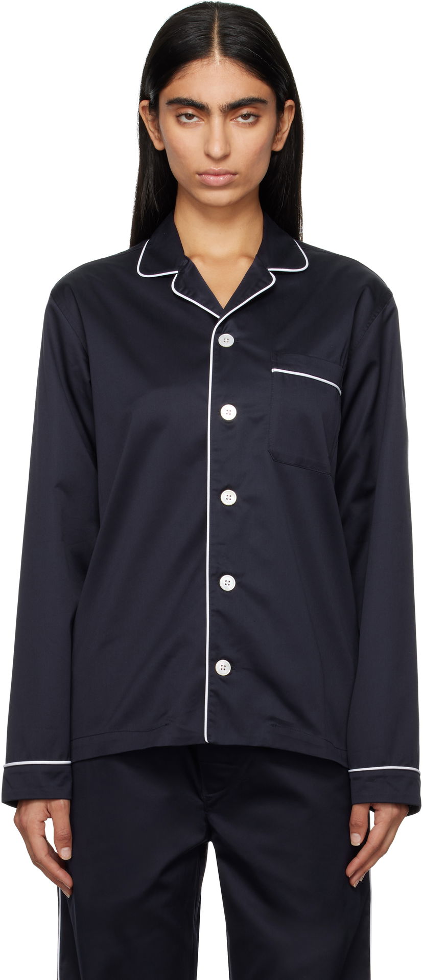 Pižame TEKLA Sateen Long-Sleeved Pyjama Shirt Modra | SWT-NAV & SWP-NAV