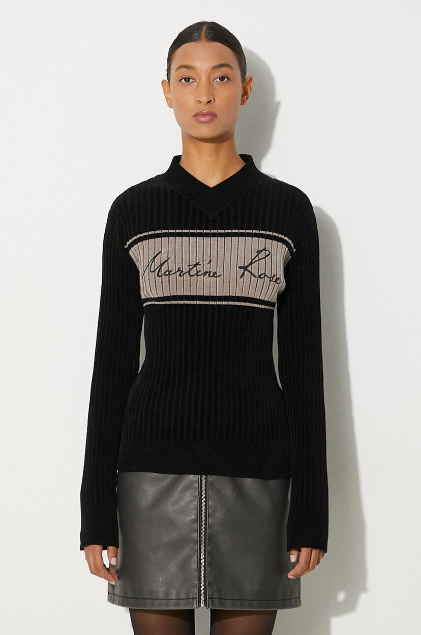 Pleteni pulover Martine Rose Martine Rose Chenille Ribbed V-Neck Jumper Črna | 946YA02008