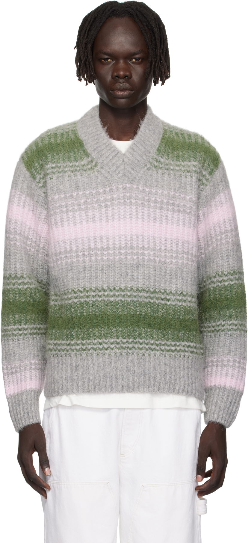 Pleteni pulover KENZO Kenzo Paris 'Speed Stripe' V-Neck Sweater Siva | FF65PU7423CG
