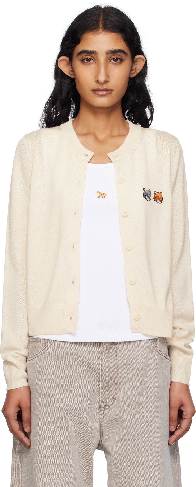 Pleteni pulover MAISON KITSUNÉ Maison Kitsuné Double Fox Head Patch Cardigan Bež | OW051CFKT1036