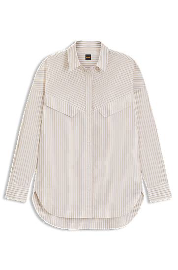 Srajce BOSS Oversized Striped Cotton Blouse Bež | 50543554