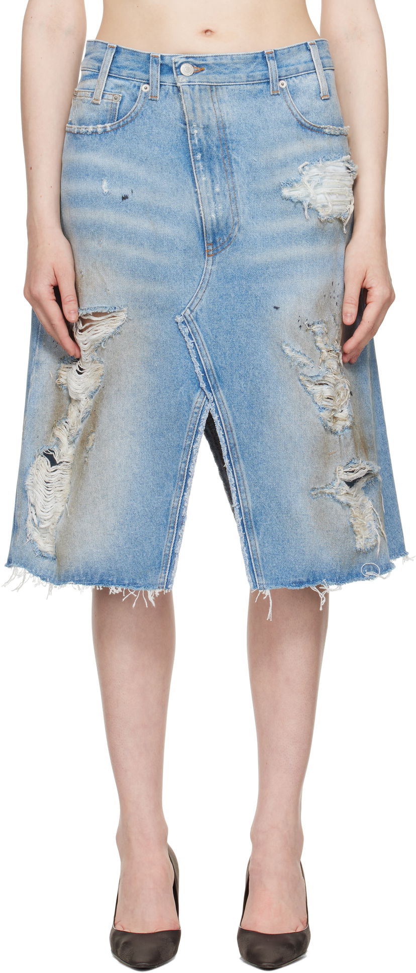 Krila Maison Margiela MM6 Maison Margiela Distressed Denim Midi Skirt Modra | S62MI0034 M30018