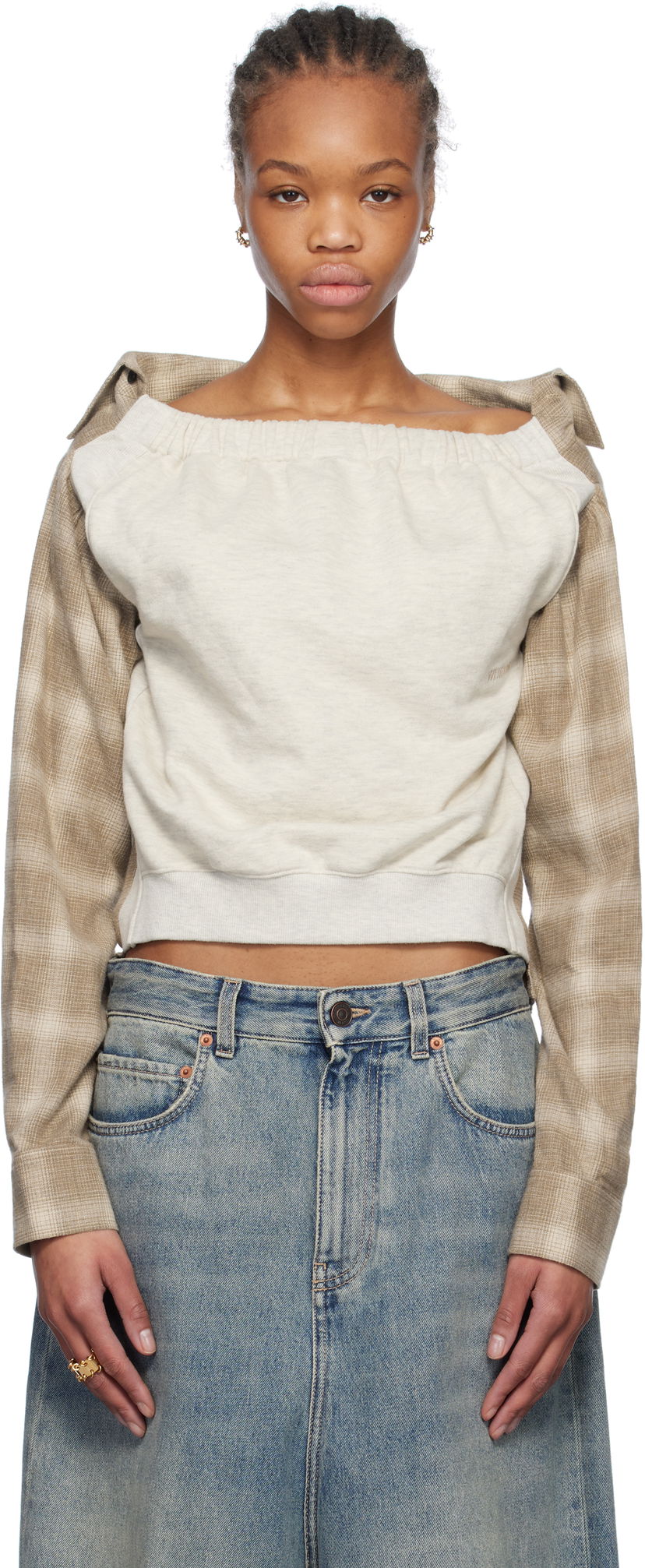 Pleteni pulover We11done We11done Check Panel Off-Shoulder Sweatshirt Bež | WD-BL0-25-153-W-BG