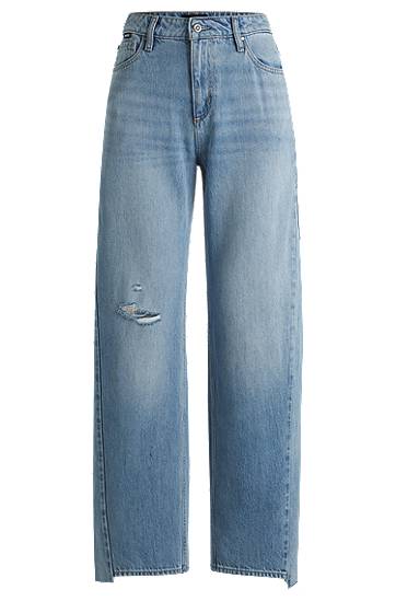 Kavbojke BOSS Wide Leg Jeans with Stepped Hem Modra | 50536589