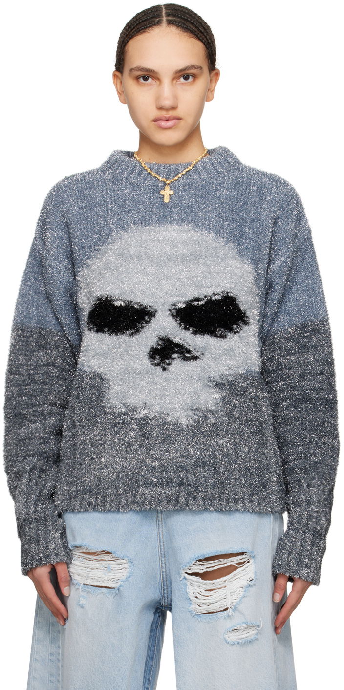 Pleteni pulover ERL Intarsia Knit Skull Sweater Siva | ERL08N367