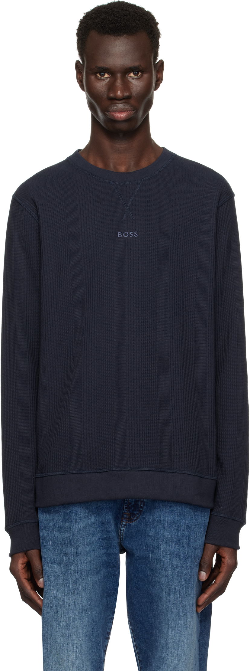 Pleteni pulover BOSS BOSS Waffle-Knit Sweatshirt Mornarica | 50535863