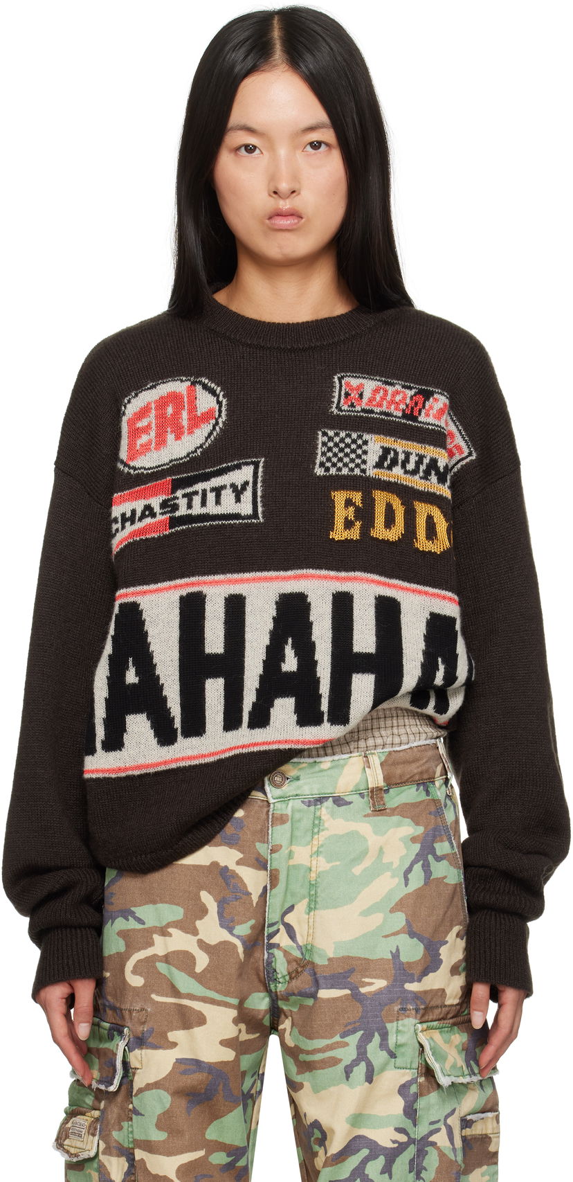 Pleteni pulover ERL 'HAHAHAH' Graphic Knit Sweater Rjava | ERL09N007