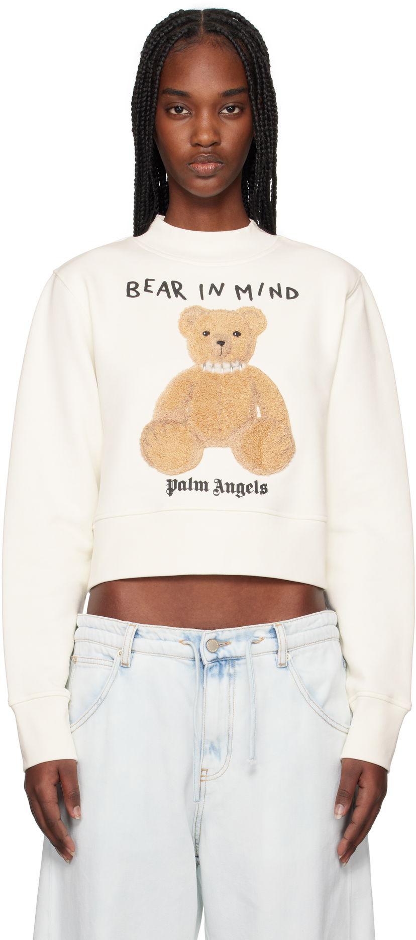 Pleteni pulover Palm Angels Palm Angels 'Bear in Mind' Cropped Sweatshirt Bela | PWBA016S25FLE0030360
