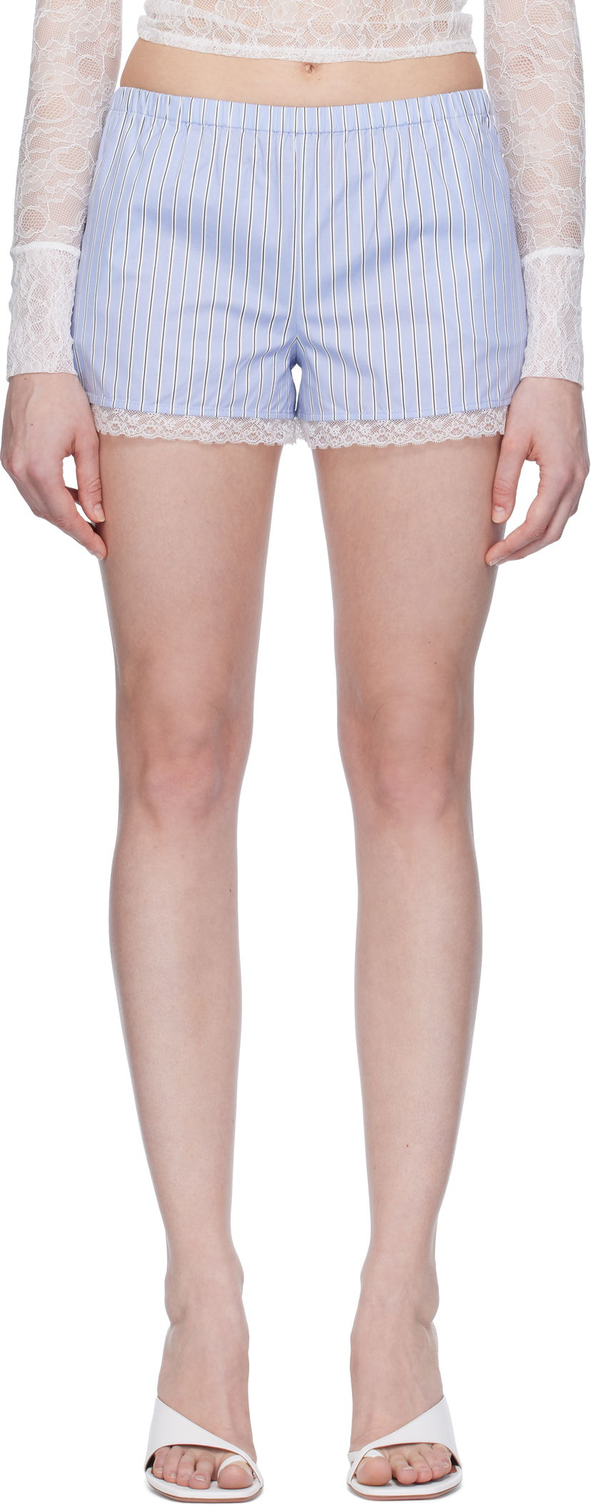 Kratke hlače Miaou Miaou Anna Striped Lace-Trim Shorts Modra | 3011SPSPRS