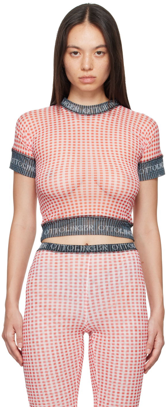 Krop-top Ottolinger Ottolinger Check Mesh T-Shirt Rdeča | 1010101821