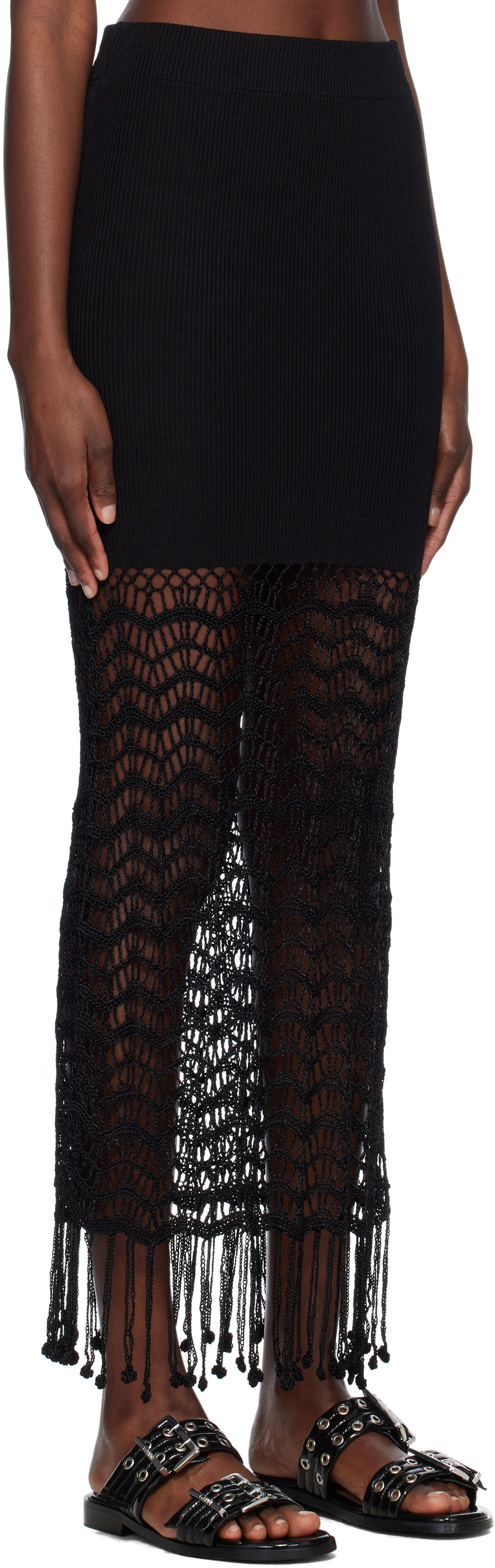 Krila GANNI GANNI Crochet Maxi Skirt with Fringe Črna | K2435, 1
