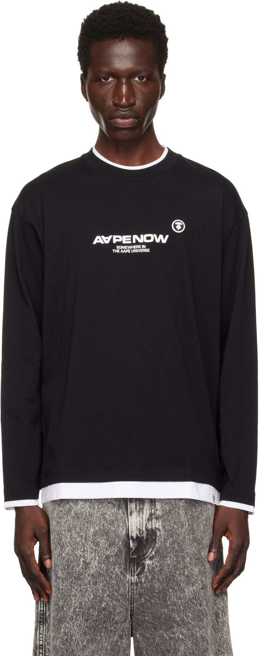 Majica AAPE by A Bathing Ape AAPE by A Bathing Ape 'AAPE Now' Layered Long Sleeve T-Shirt Črna | AAPLTM1543XXNBKX