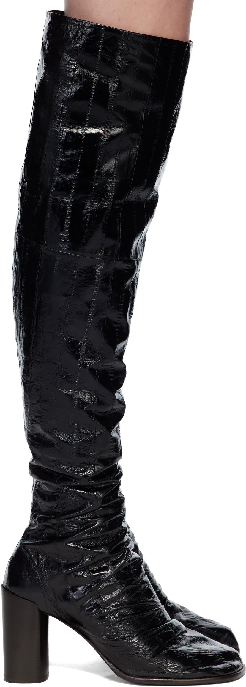 Superge in čevlji LEMAIRE Glove 80 Crinkled Patent Over-the-Knee Block Heel Boots Črna | FO0215 LL0156